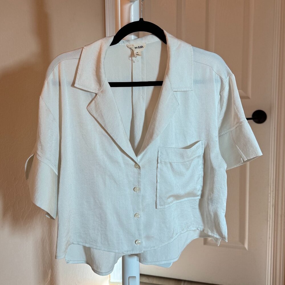 Open Edit Cream Textured Short Sleeve Button Down – Size M